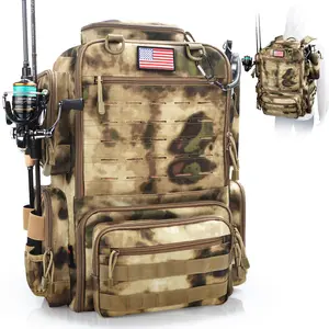 Fishing Backpack, Fishing Tackle Backpack with Rod Holders for 4 Boxes (Box Not Included) 45L Waterproof Fishing Gear, Ideal for Men and Women Large Tackle Box Bag (Sahara Khaki Camo)