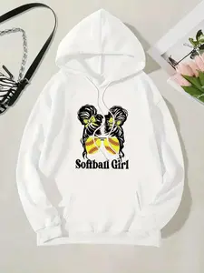 Women's Figure & Softball & Letter Print Drop Shoulder Hoodie, Fashion Casual Drawstring Pocket Hooded Sweatshirt for Daily Holiday Outdoor Wear, Women Clothing for Fall & Winter