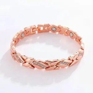 Rose Gold Magnetic Bracelet, Crystal Leaf Design, Elegant Fashion Jewelry