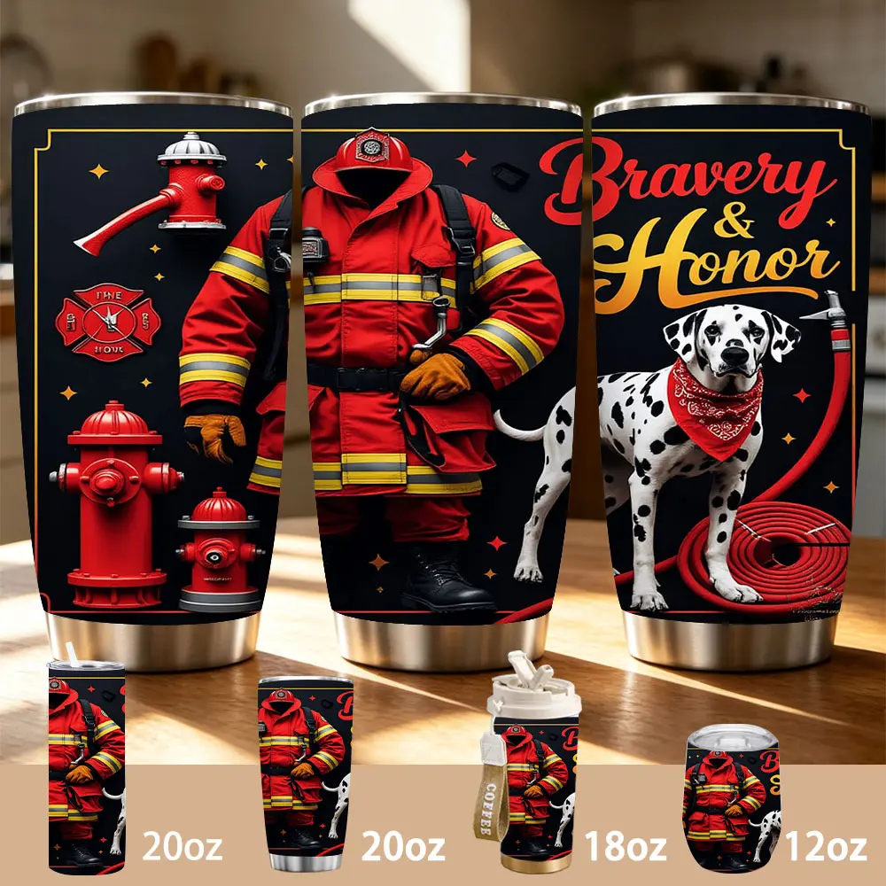 Firefighter Dalmatian Tumbler, "Bravery & Honor" Fireman Art, 12/18/20oz Stainless Steel Insulated Cup, Keeps Cold/Hot for Hours, Ideal Gift for Firefighters & Fans