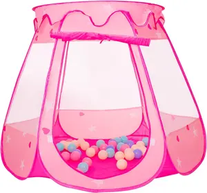 Pop Up Princess Tent with LED Star Lights, 50 Balls, Ball Pit for Girls' Birthday Gift, Toddlers' Play Tent with Removable Sunroof & Carrying Bag for Indoor & Outdoor
