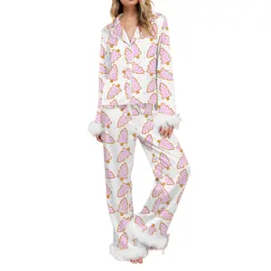 Women Christmas Pajamas Lounge Set Santa/Christmas Tree/Boots Print Shirts Tops and Pants 2 Piece Loungewear Outfits Long Sleeve Nightwear