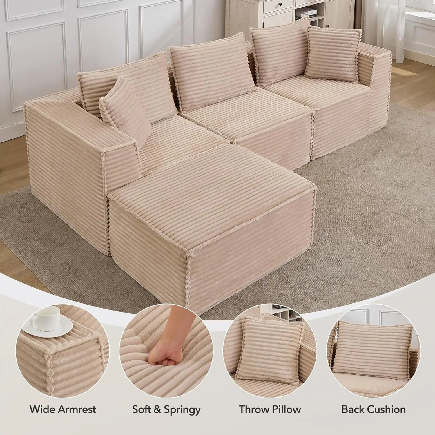 Garvee Boneless Memory Foam Modular Sectional Sofa for Living Room - Deep Seat, No Assembly, 107" Corduroy Camel - Left & Right Section - Box A