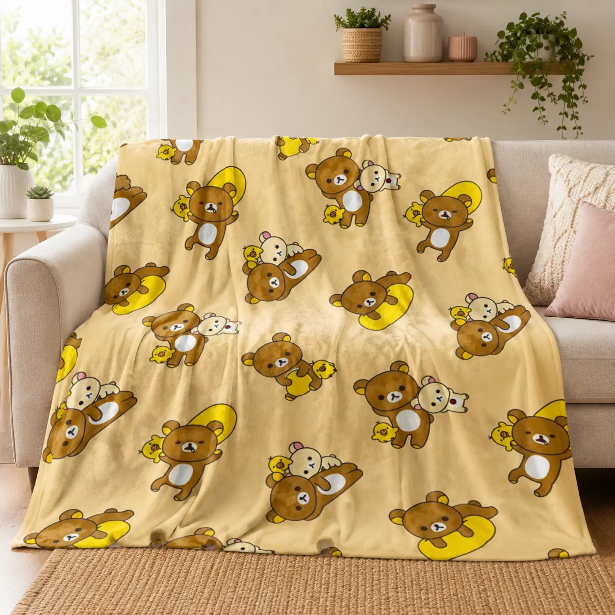 Cute Rilakkuma Bear Printed Flannel Fleece Blanket, Ultra Soft Cozy Throw Blanket for Couch Bed, Kawaii Room Decor Aesthetic Plush Blanket Gift