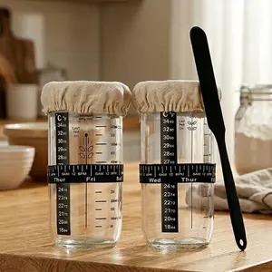 Baking Enthusiast Dedicated Starter Jar Set, 4-Piece, 24 oz Glass Starter Jars with Measurement Markings, Date Marking Feeding, Complete Accessory Set