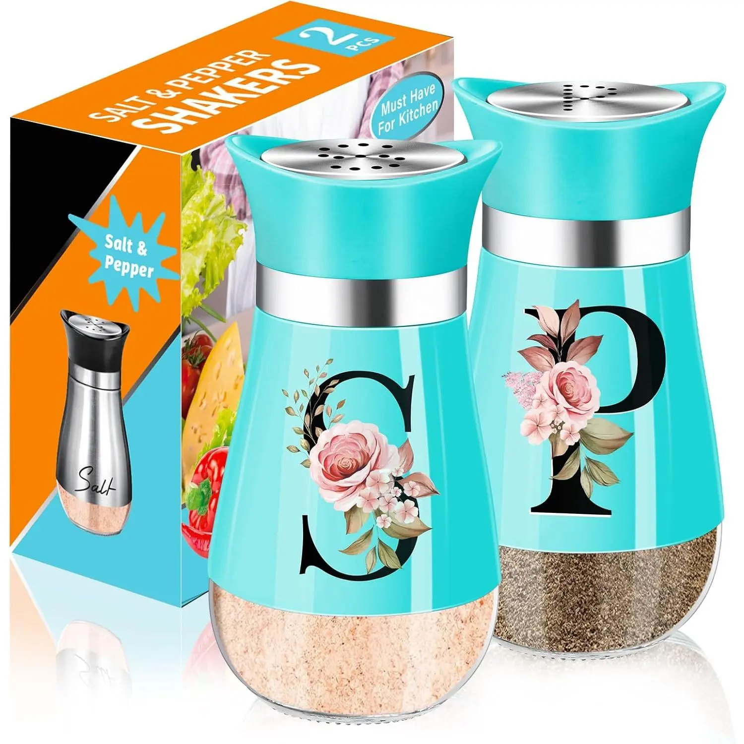 Salt and Pepper Shakers Set, 4 oz Teal Kitchen Accessories and Decor, Stainless Steel & Glass  Dispenser Classic, Refillable Design, Farmhouse Salt Pepper Shakers Cute Kitchen Decoration (Blue)