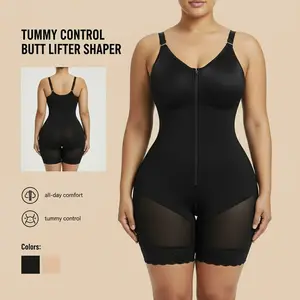 Quriov Shapewear Tummy Control Butt Lifter Shaper with Zipper Crotch Detachable Shoulder Strap in Black Nylon Fabric for Women's Daily Wear