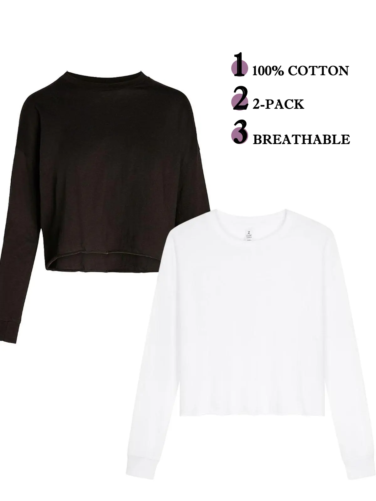 ECHOSTUDIAO Y2K Aesthetic Long Sleeve Crop Top Women 2 Pack Pure Cotton Loose Fit Cropped Tee Set Plain Blank Raw Hem Short Top Bundle Casual Street Wear