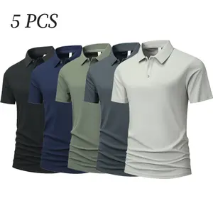 Men's 5 PCS Minimalist Tone Short-Sleeve Polo Shirts Set, Classic Collar Button Design Casual & Business Daily Tops