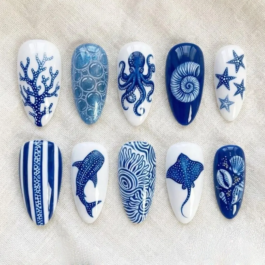 Blue Porcelain Ocean Press On Nails / Octopus Coral Shell Starfish / Nautical White Cobalt / Coastal Summer Handmade Set