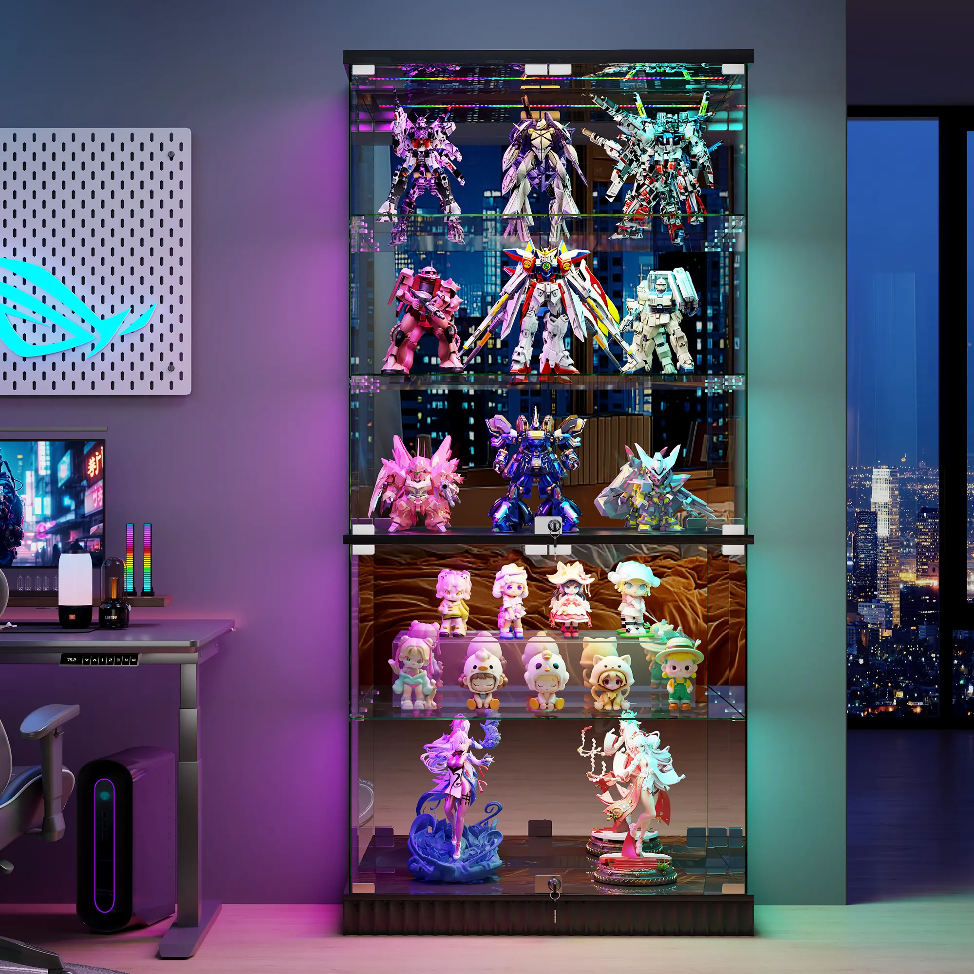 MIU 5 Tier Glass Display Cabinet, 66.9" Curio Cabinet with RBG Lights, Display Cases with Lockable and Human Body Sensor, Bookcases for Collectibles, Figurines, Books, Toys