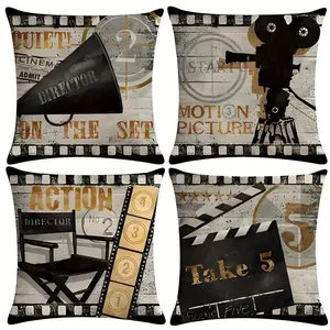 4pcs Retro Cinema Pillowcase Set Classic Logo Movie Poster Design, Zipper Decorative Cushion Covers, Home Textile, Suitable for Living Room, Bedroom, Home Theater Decoration(Machine Washable)