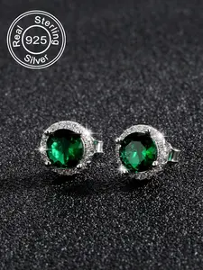 925 Sterling Silver Round Shaped Rhinestone Decorated Stud Earrings, High Quality Earrings, Fashion Ear Jewelry for Party, Daily Clothing Decor for Girl, Trendy All-match & Exquisite Jewelry for Gift