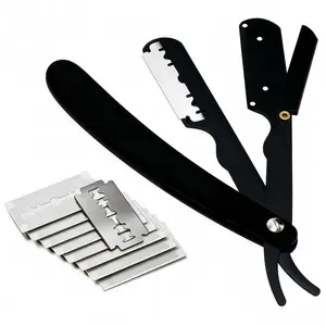 Professional men's straight razor, barber-grade straight blade razor, safe and reliable, contains 10 blades, black, suitable for home and barbershop use.