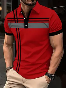 Men's Casual Striped Knitted Polo Shirt, Short Sleeve Collared Button Detail, Light Stretch Knit Fabric, Fitted Long Top, All Seasons