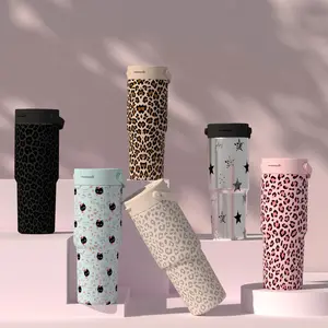 30oz Leopard Print Ceramic Lined Insulated Mug, Stainless Steel Vacuum Insulated Coffee Mug with Double Lid and Handle, Leak-proof Travel Car Mug, Suitable for Hot and Cold Drinks, Ideal for Use in the Car/Office/Outdoors