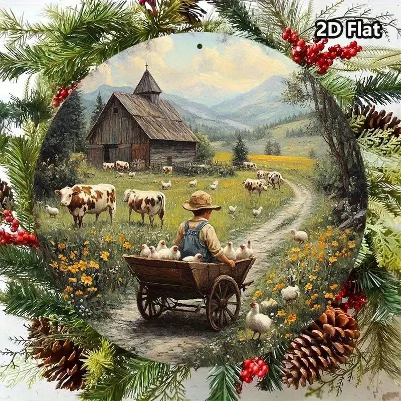 Vintage 2D Flat Aluminum Metal Sign Farmhouse Wall Art Circular Rustic Countryside Boy Pushing Wheelbarrow with Chickens 8x8 Inch Pre-Drilled Holes Home Ornament