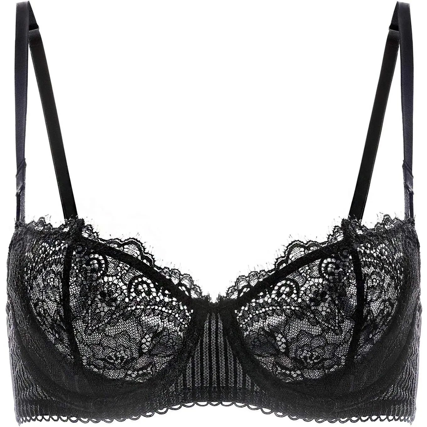 Women's Plus Size Everyday Bra, Sheer Black Lace Balconette Lingerie, Unlined Mesh Design with Push Up Underwire and Convertible Straps, Top, Style, Solid, Lace Bra, See Through, V-Neck, Criss Cross, Cross-Back, Eyelash Lace