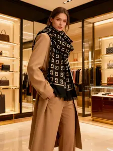 Luxurious Artificial Wool Scarf, Letter Pattern, Ultra-Long Elegant Shawl, Winter Multi-Functional Warm Neck Wrap, Perfect for Office and Outdoor Use