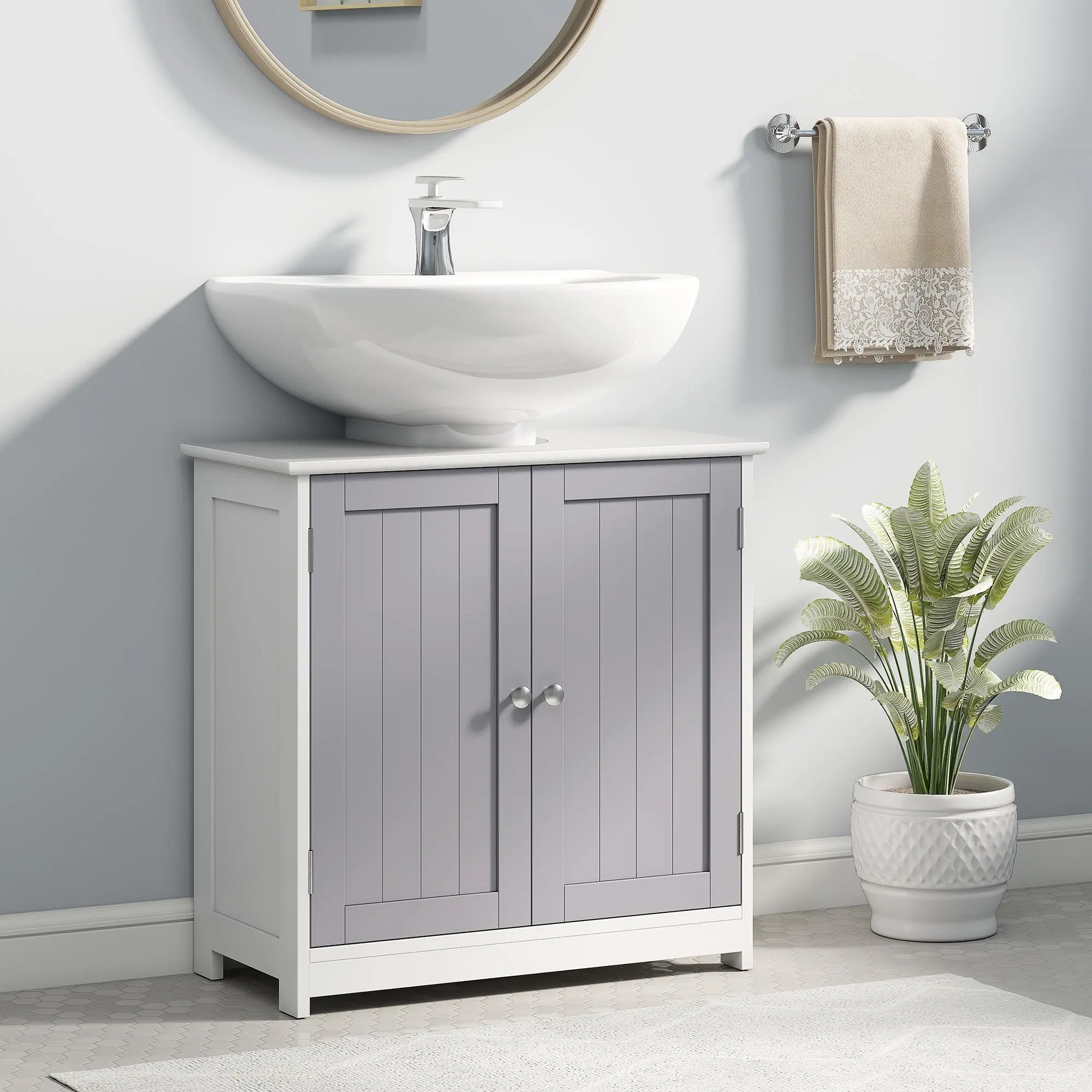 Pedestal Sink Storage Cabinet with U-Shape Cut-Out Adjustable Shelf White Gray MDF Build 22 lbs Capacity Bathroom Organizer
