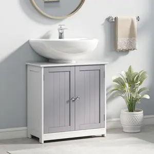 Pedestal Sink Storage Cabinet with U-Shape Cut-Out Adjustable Shelf White Gray MDF Build 22 lbs Capacity Bathroom Organizer