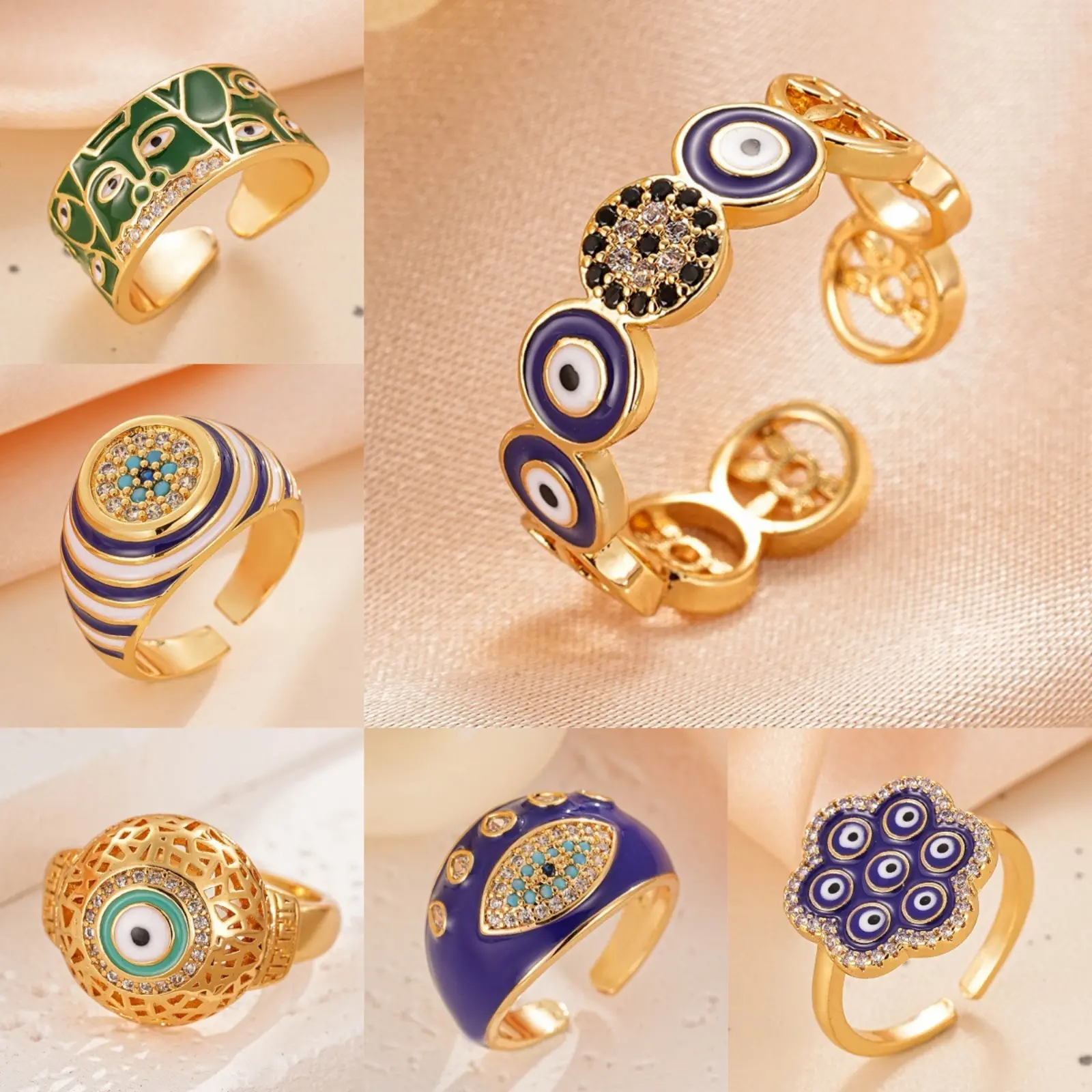 "Eye of the Demon" Enamel Ring — 18K Gold-Plated, Drip-Glazed, Zircon-Inlaid, Heart-and-Eye Design, Adjustable Open Ring