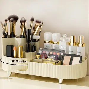 Rotating Makeup Organizer for Vanity with Brush Holder, Cosmetic Makeup Storage Organizer, Large Spinning Makeup Skincare Organizer, Countertop Makeup Perfume Organizer, Lotions Display Case Ivory