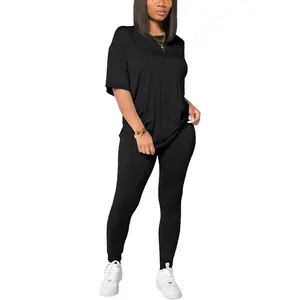 Sports & Outdoors Sports & Outdoors HBQ Women 2 Piece Outfits Summer Sweatsuits Drop Shoulder Tracksuits Biker Short Workout Jogger Sets