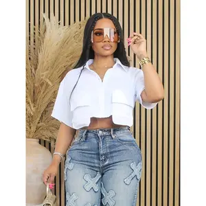 [Polyester Sexy Crop Shirt] 100% Polyester Sexy Short Crop Shirt - Women's Solid Color Summer Top with Lapel Collar, Two Pocket Design, Single Breasted Placket, Woven Fabric, 120g/m² - Casual Fashion