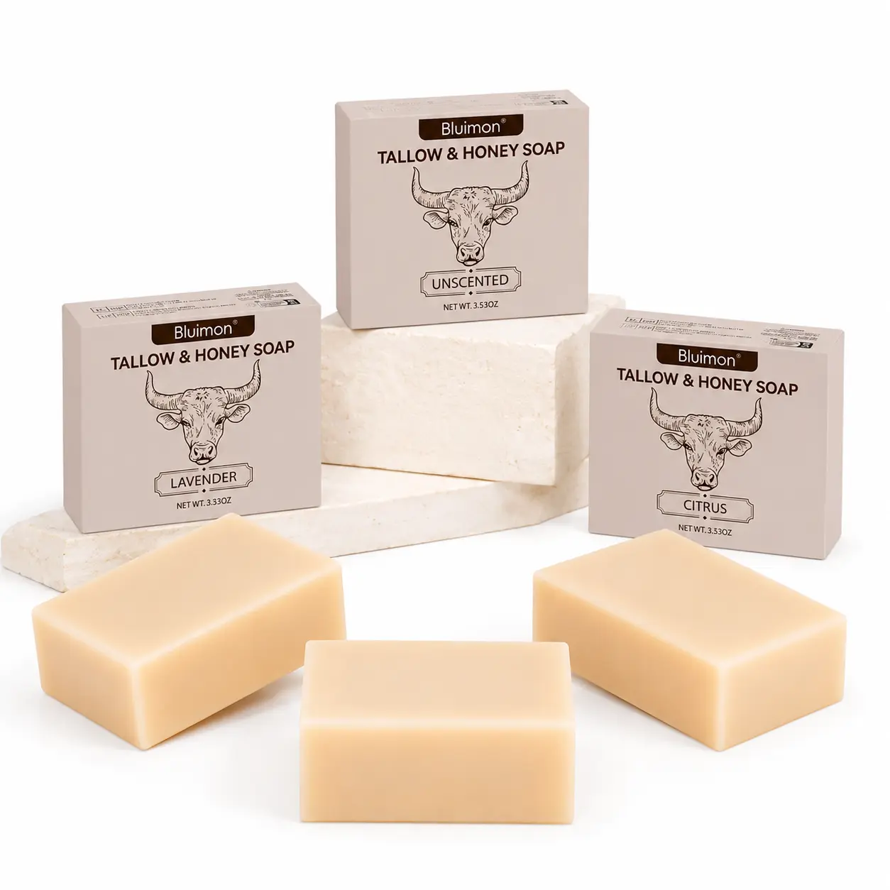 Bluimon Natural Beef Tallow Honey Soap Bar - Moisturizing Face & Body Cleanser with Grass-Fed Tallow, Raw Honey & Essential Oils for Dry, Sensitive Skin