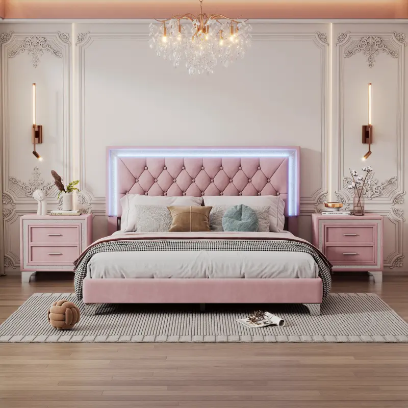 3-Pieces Bedroom Sets Queen Size Upholstered Platform Bed with LED Lights and Two Nightstands-Pink