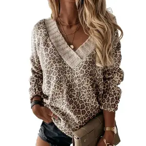 2025 Autumn New V-Neck Leopard Print Casual Sweater for Women Cross-Border Source Women's Pullover Knitted Long Sleeve