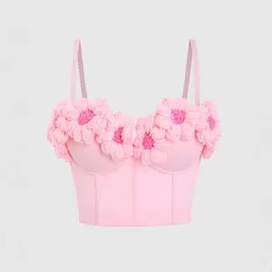 Tank Tops Women Bra Blusas Short Corset Fishbone Crochet Three-Dimensional Flowers Pink Clothing Sling Wedding Party Blind Date Stage Party Shaper Ladies Crop Shirt Tube Tops Vest
