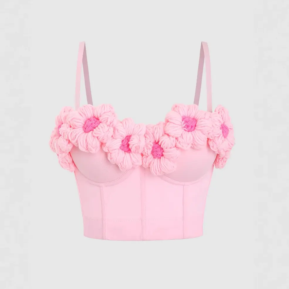 Tank Tops Women Bra Blusas Short Corset Fishbone Crochet Three-Dimensional Flowers Pink Clothing Sling Wedding Party Blind Date Stage Party Shaper Ladies Crop Shirt Tube Tops Vest