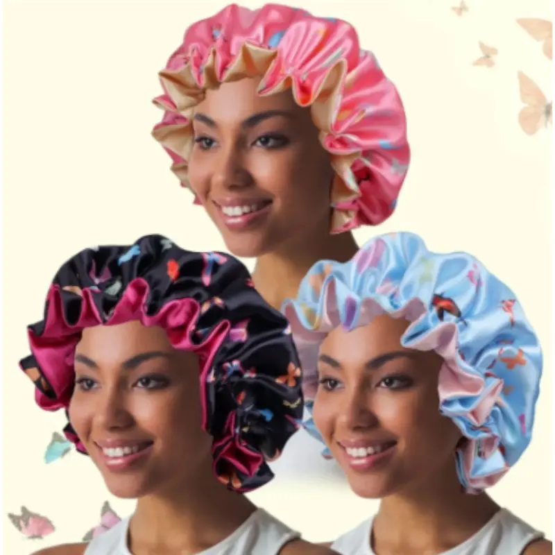 3PCS Soft Silky Butterfly Print Sleep Cap, Protect Hair for Women, Ideal Gift for All Head Sizes, Perfect for Sleep and Beauty Care, Bonnets for Sleeping