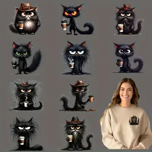 12-Piece Quirky Cat Watercolor Iron-On Transfer Stickers, Washable PVC DIY Decals for T-Shirts, Jeans, Hats, Backpacks, High-Quality Printing