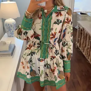 Retro Tropical Floral & Bird Print Mini Dress — Puff Sleeves, Ruffled Hem, Vintage Style, Contrast Paneling, Long Sleeve Mini Dress (Sizes S–2XL)