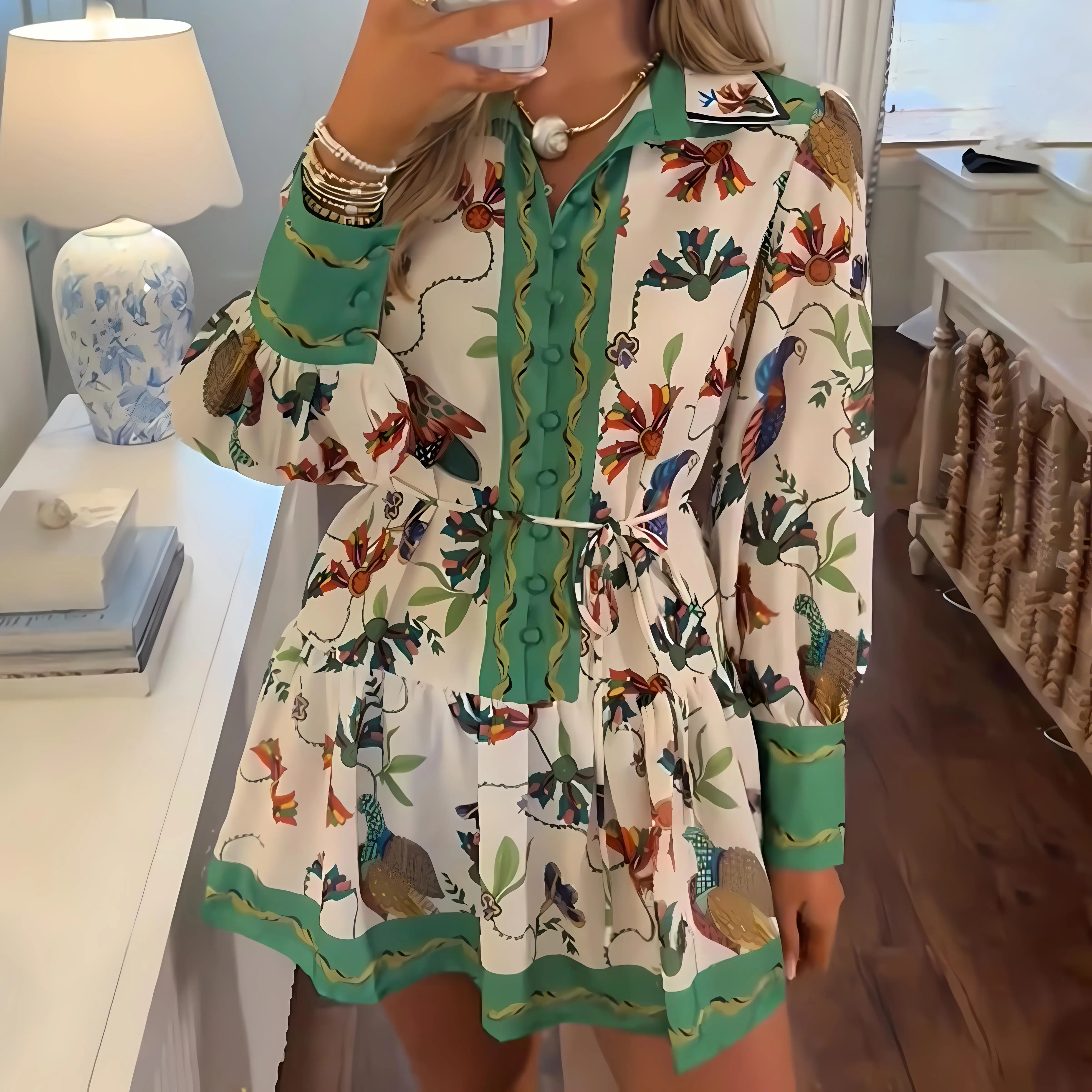 Retro Tropical Floral & Bird Print Mini Dress — Puff Sleeves, Ruffled Hem, Vintage Style, Contrast Paneling, Long Sleeve Mini Dress (Sizes S–2XL)