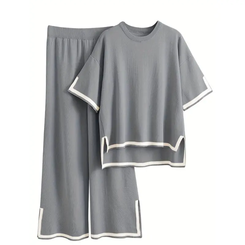 Women's2-PieceCasualSetShortSleeveKnitPulloverTopWide-LegPantsFabricLoungewearBlackPajamas