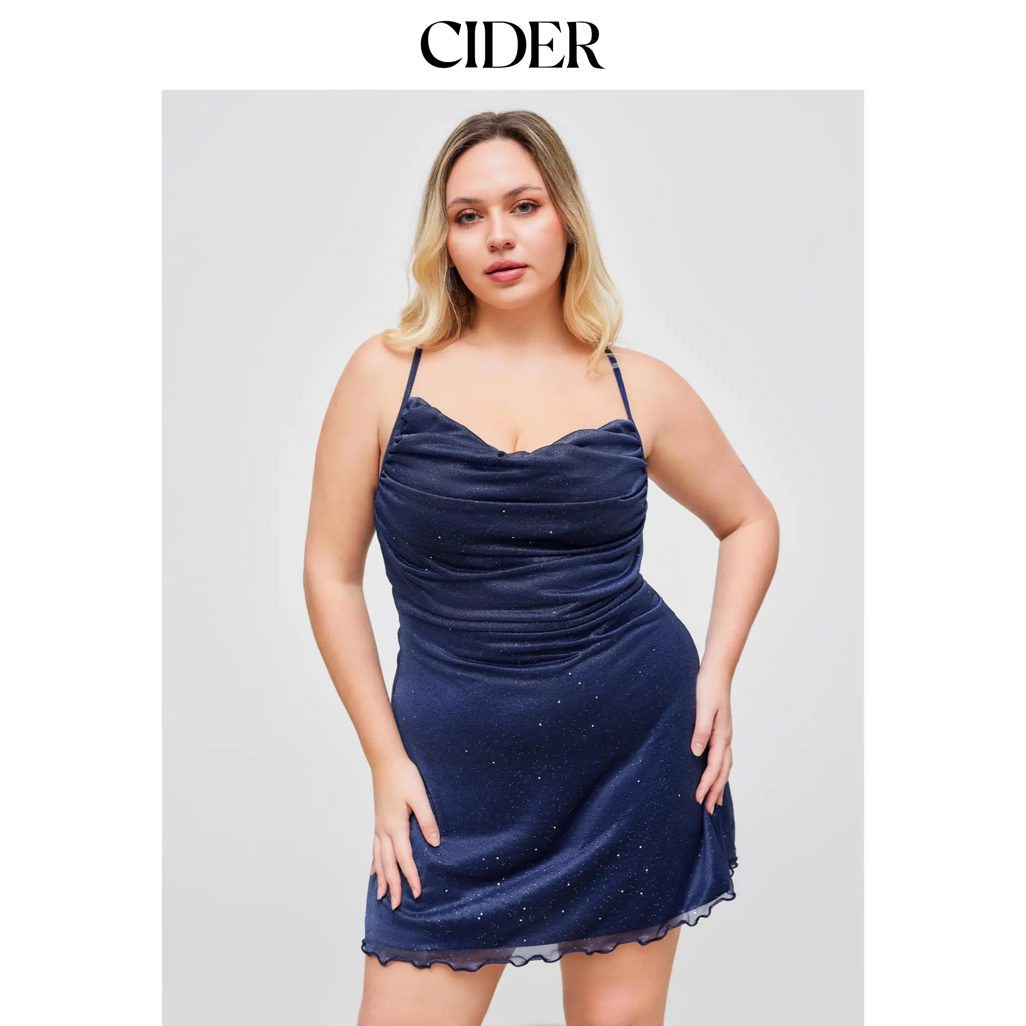 Cider Women's Curve & Plus Size Mesh Cowl Neck Solid Sequin Ruched Lettuce Trim Mini Dress - 4 Colors, Size 0-26, S, Party, Watch Party