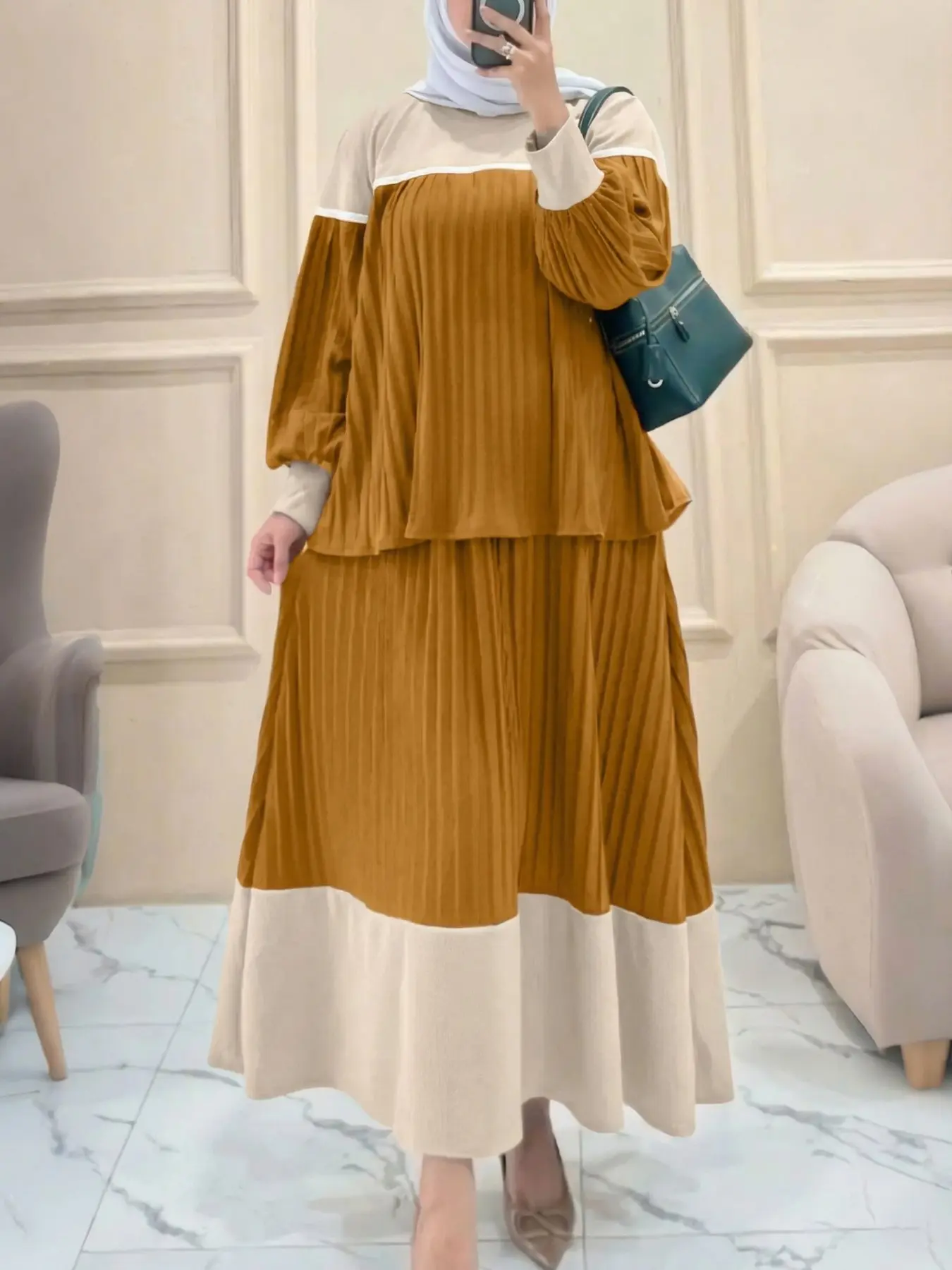 Women's Casual Solid Color Set, Round Neck Long Sleeve Pleated Patchwork Hoodie + Elastic Pleated Patchwork Blouse Skirt, Daily Commute, Womenswear, Two Piece Set Women, Matching Set, Matching Outfit Set, For Muslim