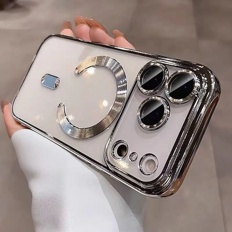 Luxury Plating Clear Transparent Magnetic For Magsafe Wireless Charge Protective Case Shockproof Phone Cover For iPhone 17/16/15/Pro Max/17 Air/ 17 Pro Protection Cover Accessories Stylish Shockproof TPU Cellphone Casing Decorative Smartphone Protector