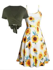 Elegant Floral Sunflower Print Dress Two-Piece Set, Vacation Style Summer Sunflower Slip Dress with Short Sleeve Top, Lady Versatile Combinations