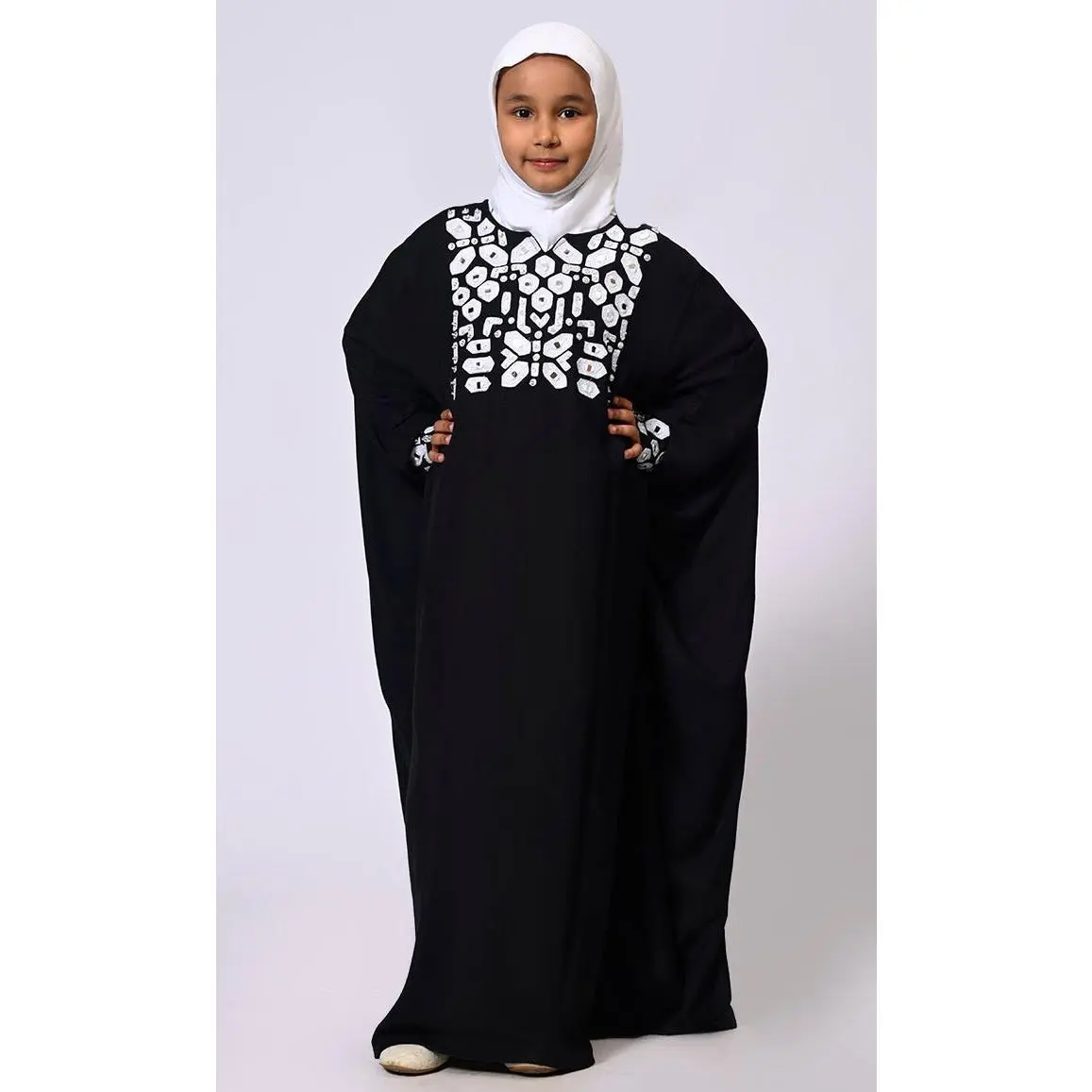 Girls Black Kaftan Abaya with Mirror Work Embroidery and Inside Belt