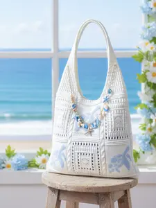 Women's Summer Beach Handbag, Crochet Design, Turtle Pattern, Starfish Shell Charm, Large Capacity Open Top Bag, Boho Style, Nautical, Shoulder Totes