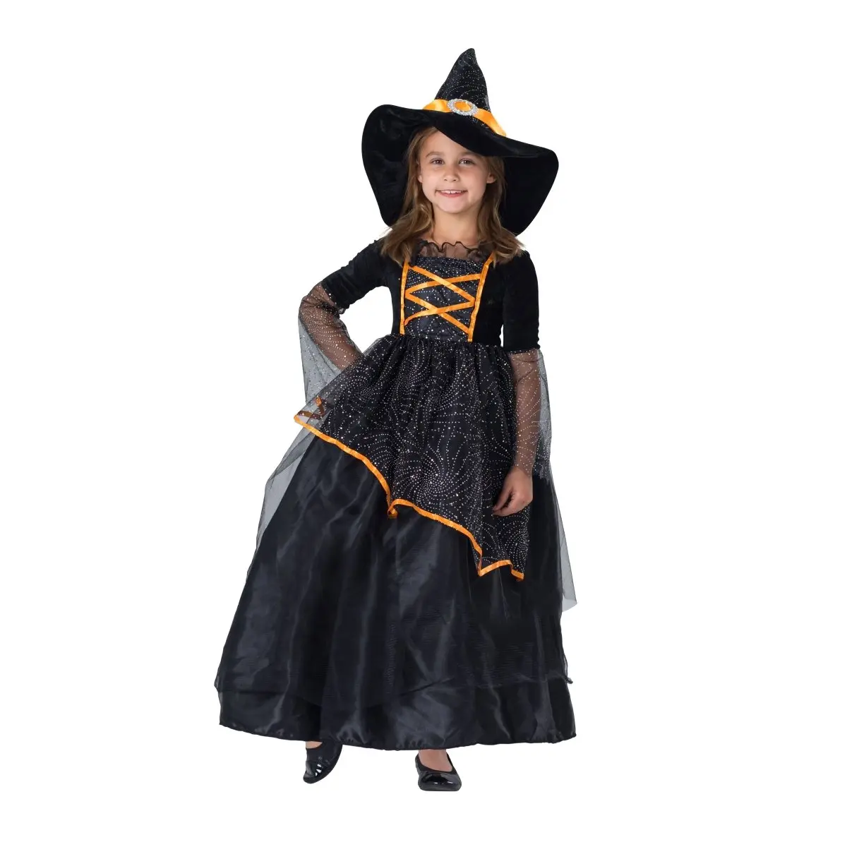Witch Costume For Kids | Black & Orange Satin Dress with Starry Tulle & Matching Hat for Girls - Perfect For Halloween, Pretend Play Fun & Fantasy Party