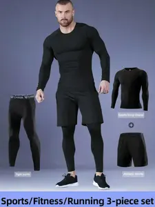 Men's Compression Clothing Sports Set, Elastic Quick-Dry Breathable Long Sleeve Tee + Shorts + Reflective Pants, Gym Boxing Outdoor Running, Sports Activewear Set