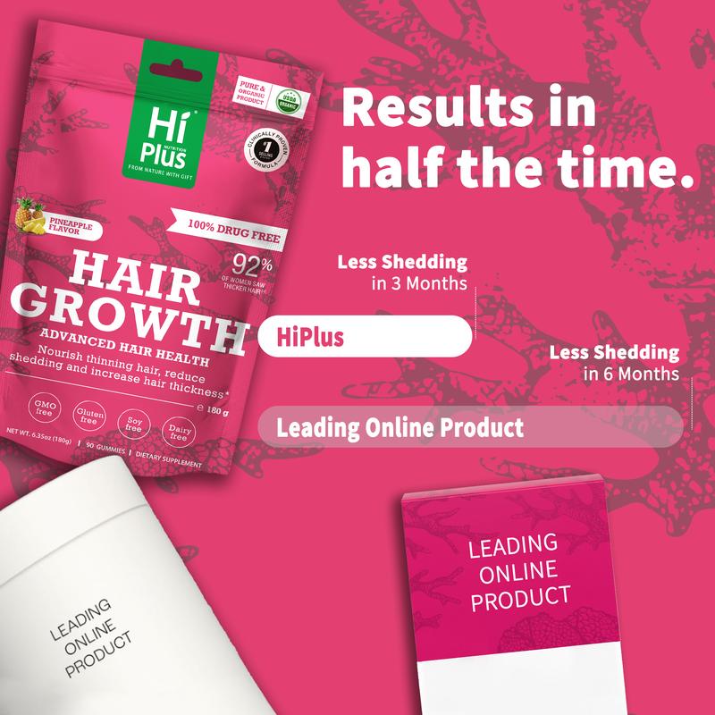 HiPlus Women's Hair Growth Supplement Gummies – Nourishes Thinning Hair & Boosts Hair Thickness – with Collagen, Biotin, Zinc, Vitamin C & Iron – Pineapple Flavor – 90 Gummies (45-Day Supply)
