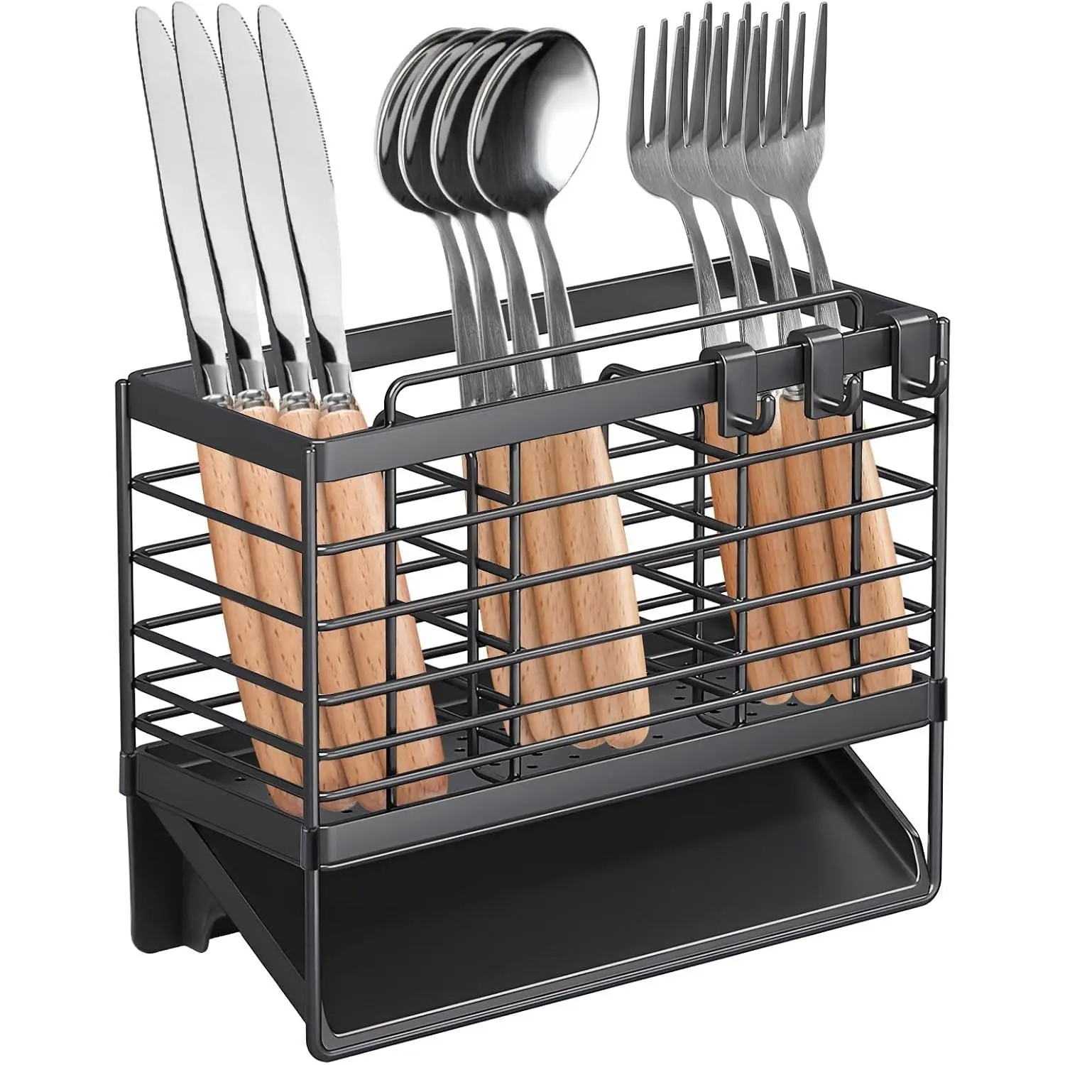 Stainless Steel Utensil Holder with Plastic Automatic Drain Tray for Kitchen Counter, Compact Design for Spoons, Forks, , and Chopsticks