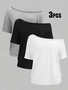 Plus Size Women's One Shoulder Striped T-Shirt Set, Loose Fit Short Sleeve Top, Casual Summer, Daily Commute, Home Leisure